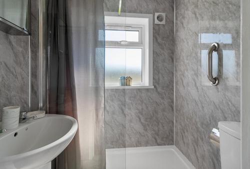 a bathroom with a sink and a shower with a window at Landscove Chalet 23 in Brixham
