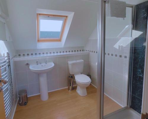 a bathroom with a toilet and a sink and a shower at Buttercup Cottage in Killean