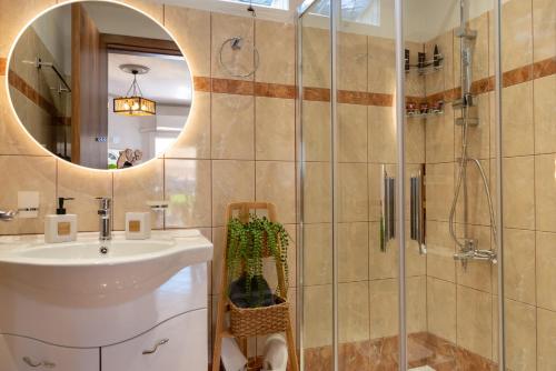 a bathroom with a sink and a shower with a mirror at F Tsimas apartment 1 in Skala Potamias