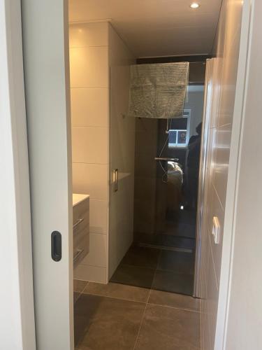 a bathroom with a walk in shower next to a sink at Zon en Zee 2 personen in Westkapelle