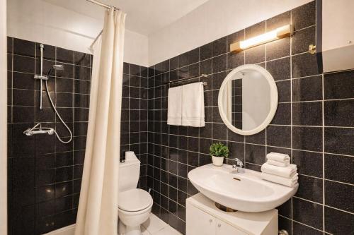 a bathroom with a sink and a toilet and a mirror at Studio cosy avec extérieur CHU in La Tronche