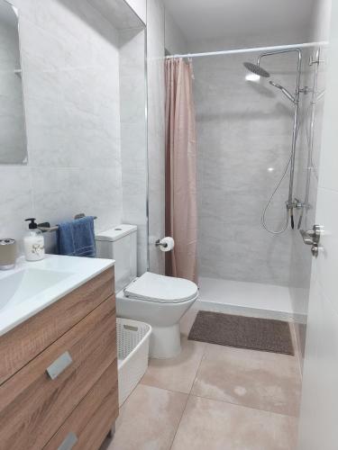 a bathroom with a toilet and a sink and a shower at Apartamento Grao in Gandía