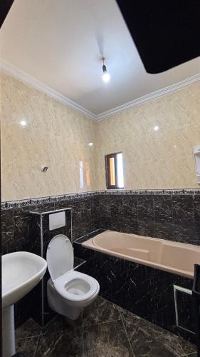 a bathroom with a toilet and a sink and a tub at Maison campagne piscine ksar in Ksar es Sghir