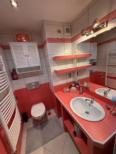 a red bathroom with a sink and a toilet at Apartmán PP Tatry in Jezersko