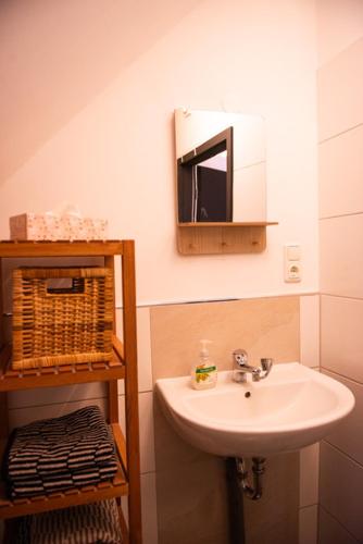 a bathroom with a sink and a mirror at Alte Schreinerei in Steffeln