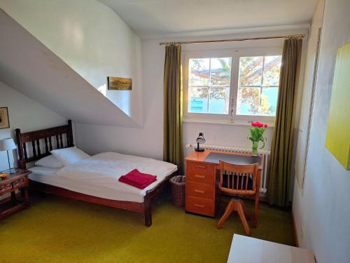 a bedroom with a bed and a desk and a window at rest in a garden in Geneva