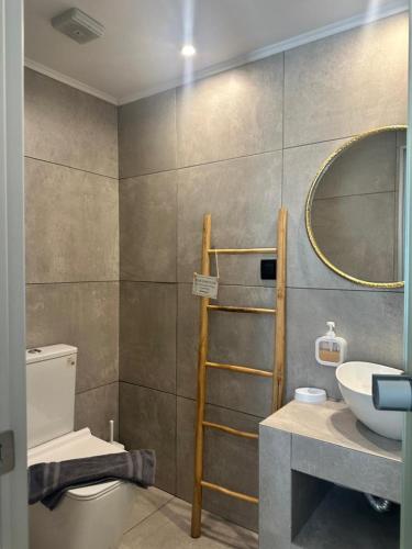 a bathroom with a toilet and a sink and a mirror at Anemone Suites in Georgioupolis