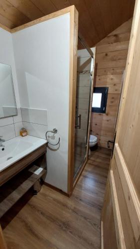 a bathroom with a toilet and a sink and a shower at Snow in Lamoura