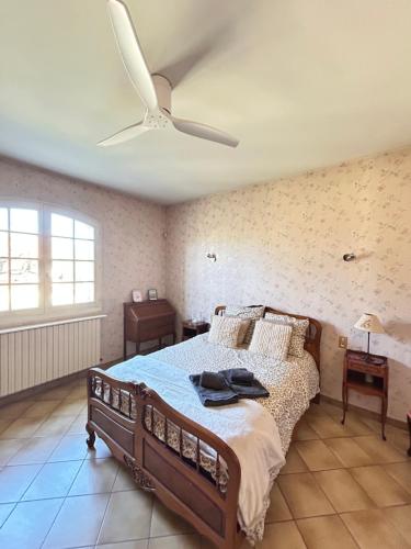 a bedroom with a bed with a ceiling fan at Villa Les Oliviers in Orange