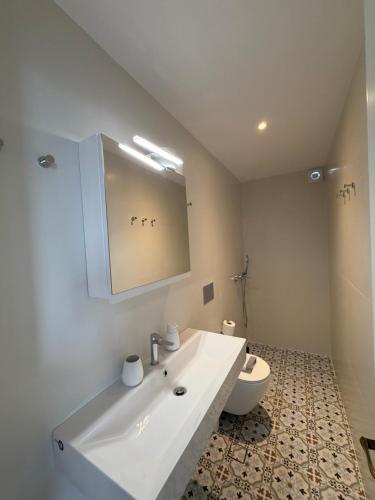 a bathroom with a white sink and a toilet at Lenio Rooms in Skiathos