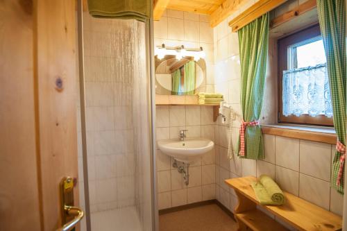 a small bathroom with a sink and a mirror at Schröckhütte in Bad Hofgastein