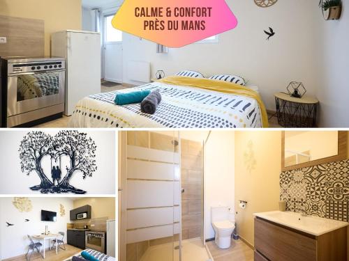 a kitchen and a bedroom with a bed and a refrigerator at Studio cosy - Jacuzzi inclus - À 5 min du Mans in Mulsanne