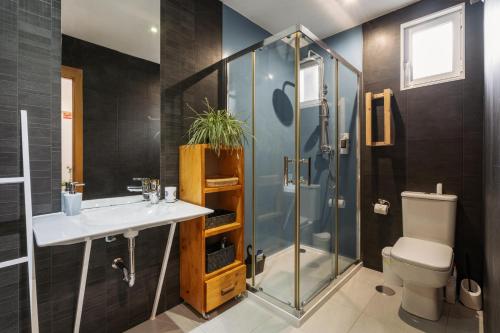 a bathroom with a shower and a sink and a toilet at Casa Rural Viña Vella in Esteiro