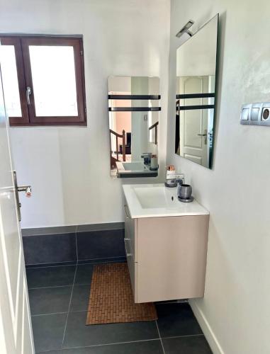 a bathroom with a white sink and a mirror at Maison de vacances campagnes in La Celle-Guénand
