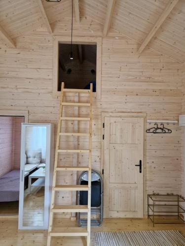 a wooden room with a ladder and a bunk bed at Vanagu priedes in Kalngale
