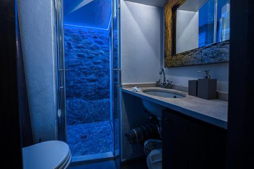 a bathroom with a shower with a sink and a toilet at Al Paese Vecchio - Boutique house nel cuore del borgo in Santarcangelo di Romagna