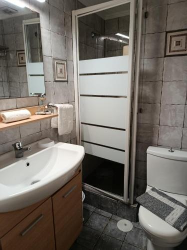 a bathroom with a toilet and a sink and a shower at Vromolithos apartments in Nisís Léros