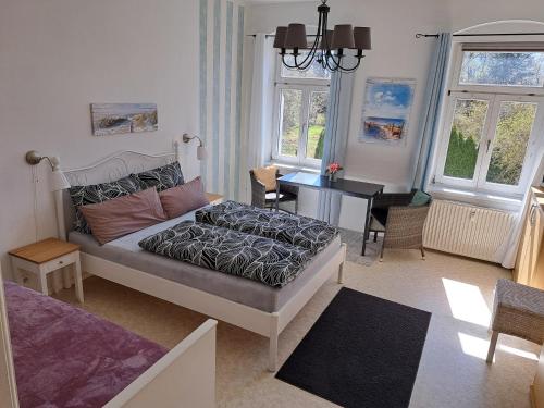 a bedroom with a bed and a desk in it at Pension La Familia in Löbau
