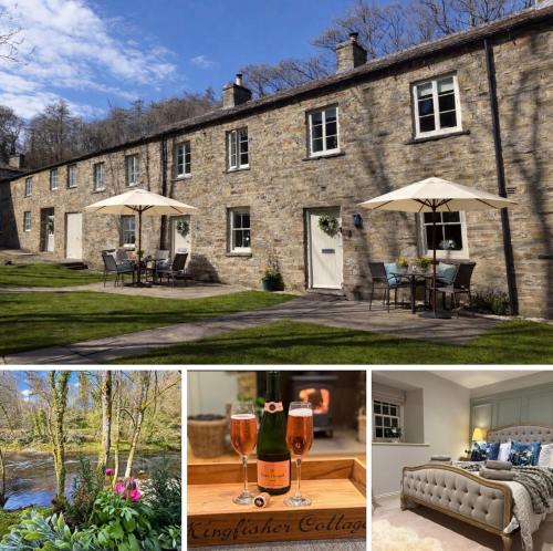 a collage of photos of a building with champagne glasses at Kingfisher Cottage at Aysgarth Falls in Aysgarth
