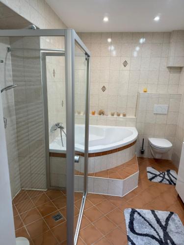 a bathroom with a shower and a tub and a toilet at Ferienwohnung Nora in Vordernberg