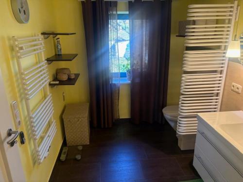 a bathroom with a toilet and a window at Gästehaus Graupner in Hainichen