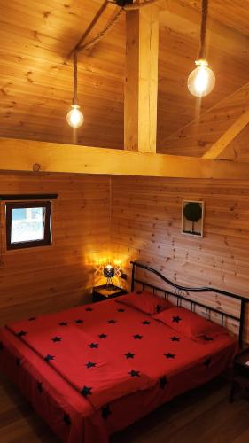 a bedroom with a red bed in a cabin at SkyhighRetezat in Clopotiva