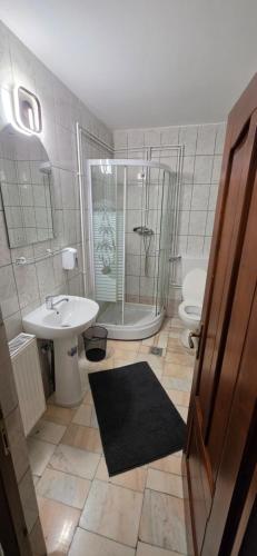 a bathroom with a shower and a sink and a toilet at Pensiune Urban in Borsec