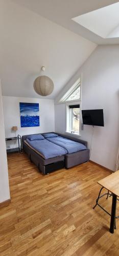 a large bedroom with a bed and a flat screen tv at HavsBo in Västerhaninge