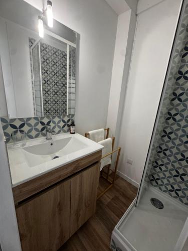 a bathroom with a sink and a shower at Bungalow jacuzzi & jardin privatif séjour détente au soleil in La Crau