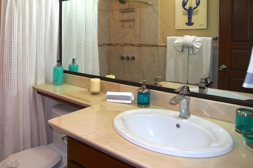 a bathroom with a sink and a toilet and a mirror at Pacific Beach 9 - Beachfront Condo, BBQ, pool, prime location, sleeps 4 in Potrero