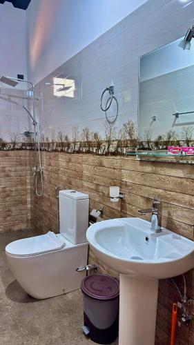 a bathroom with a sink and a toilet and a tub at A Lounge Hostel in Ella