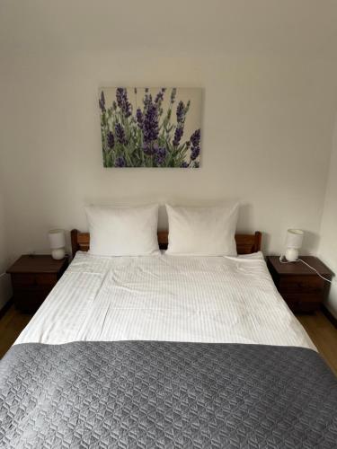 a white bed with two pillows and a painting on the wall at Domki Magnolia - komfortowe domki dla rodzin nad morzem in Dźwirzyno