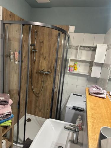 a shower in a kitchen with a sink and a counter at Die kleine Acht - direkt am Strand in Dierhagen