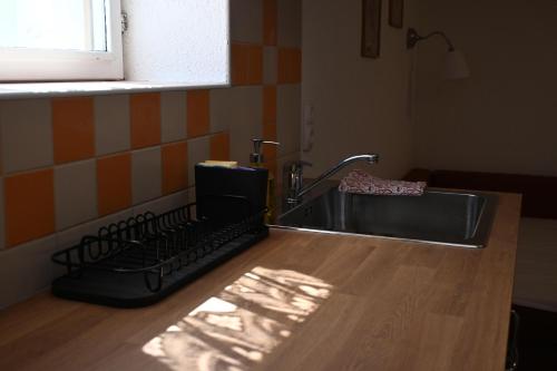 eine Küchenarbeitsplatte mit Edelstahlspüle und einem Fenster in der Unterkunft FILUTE in Vrbovsko