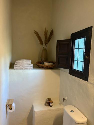 a bathroom with a toilet and a window at Finca Los Arcos Bed and Breakfast Comares Malaga in Comares