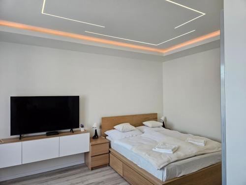 a bedroom with a bed and a flat screen tv at Barcika Prémium Stúdió in Kazincbarcika