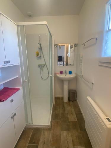 a bathroom with a shower and a sink at Le sable chaud in Saint-Pierre-dʼOléron