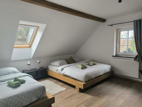 a bedroom with two beds and two windows at Chalupa na Kopci in Liberec