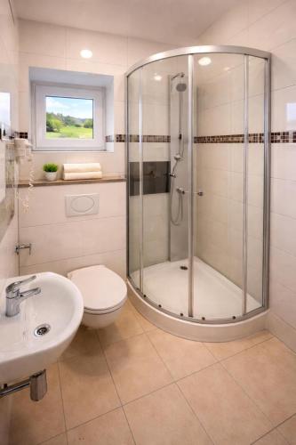 a bathroom with a shower and a toilet and a sink at Hotel Moji 5 Solingen in Solingen