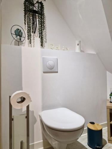 a white bathroom with a toilet and plants at Ancenis Suite Rooms in Ancenis