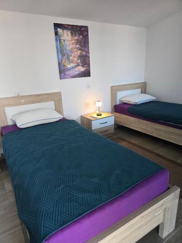a bedroom with two beds and a table with a lamp at Olive Grove Retreat Podgorica in Vranj