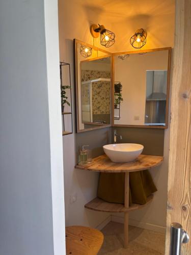 a bathroom with a sink and a mirror at l'atelier by Emma in Bommes
