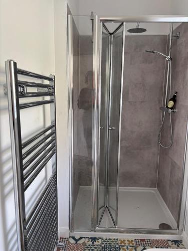 a shower with a glass door in a bathroom at Carpenters Cottage in Rathvilly