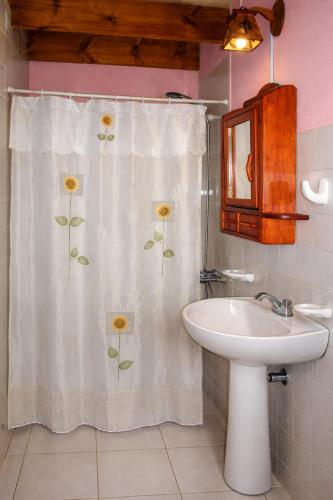 a bathroom with a shower curtain with sunflowers on it at Cabañas Tunquelen in El Bolsón