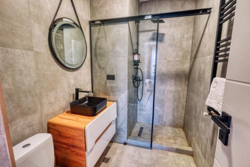 a bathroom with a shower and a toilet and a sink at Old Town Apartments Brătianu - City Center Stay in Bucharest