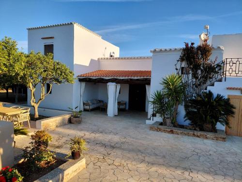 a courtyard of a white house with trees and plants at Can Joan Yern in Sant Joan de Labritja
