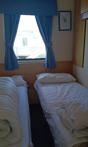 a bedroom with two beds and a window with blue curtains at Bee Happy Caravan in Abergele