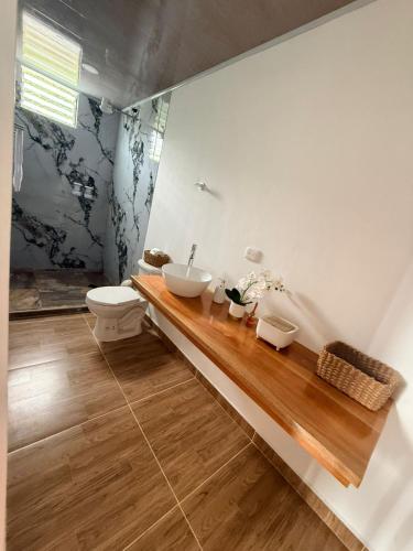 a bathroom with a sink and a toilet on a wooden counter at Cabañas Agroturistica la Polkca - Experiencia Cafetera in Líbano