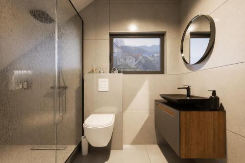 a bathroom with a toilet and a sink and a mirror at ELAFON Lodge in Kolašin