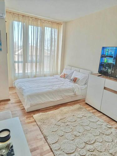 a bedroom with a bed and a large window at Дунав апарт Danube apart in Vidin